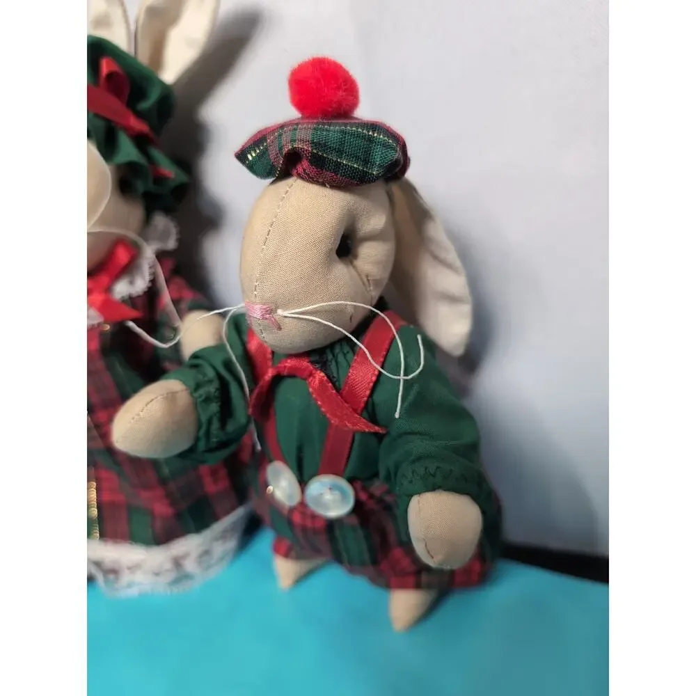 Vintage Handmade With Love Linda Lovabes Set Of 2 Rabbits Red Green Plaid...